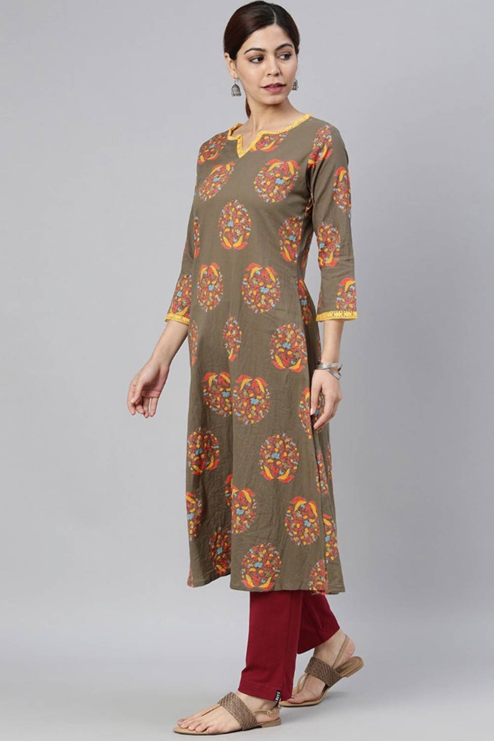 grey Cotton Round Neck KurtI Set