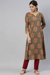 grey Cotton Round Neck KurtI Set