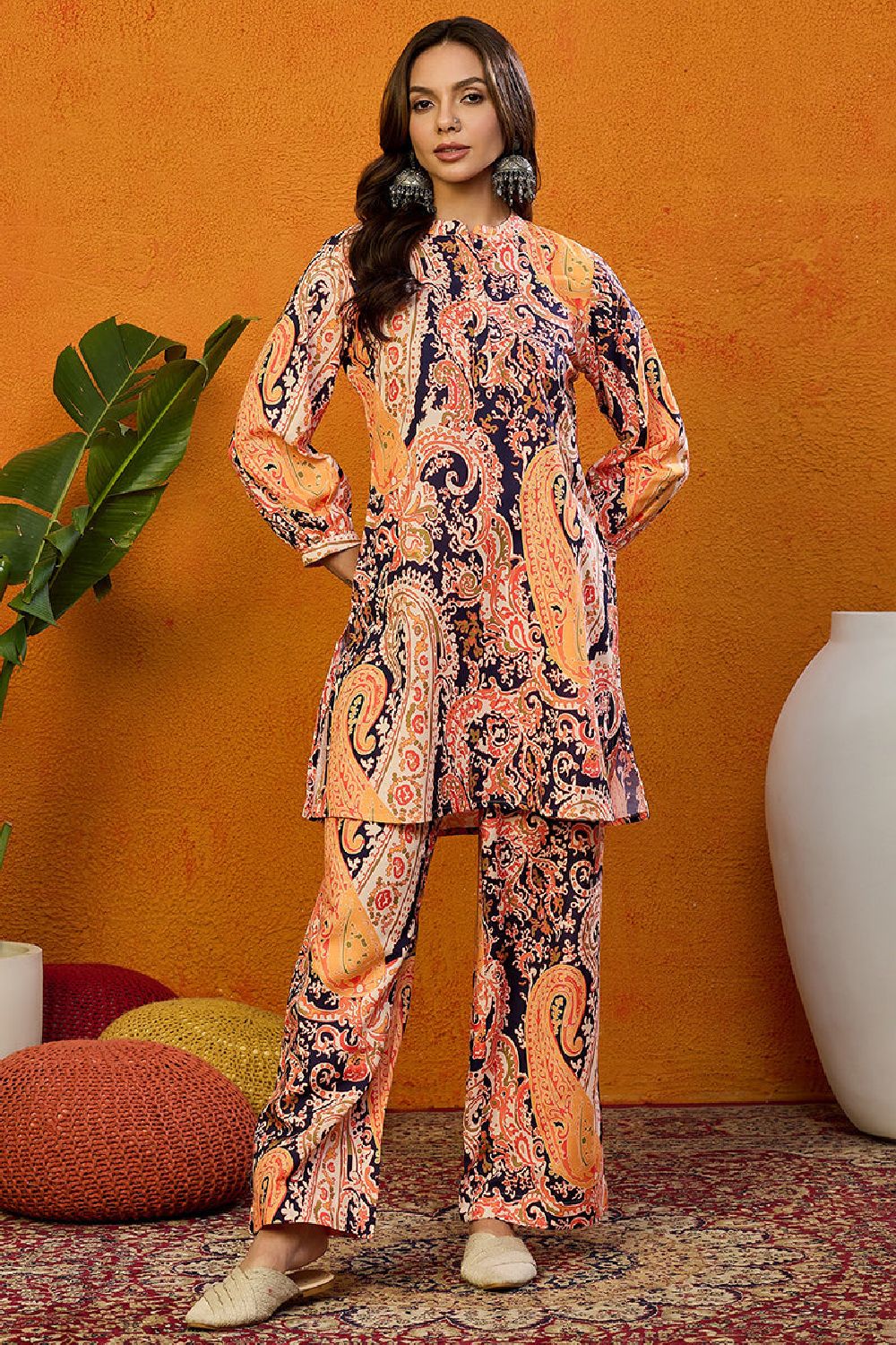 Orange Rayon Blend Paisley Printed Straight Co Ords Sets