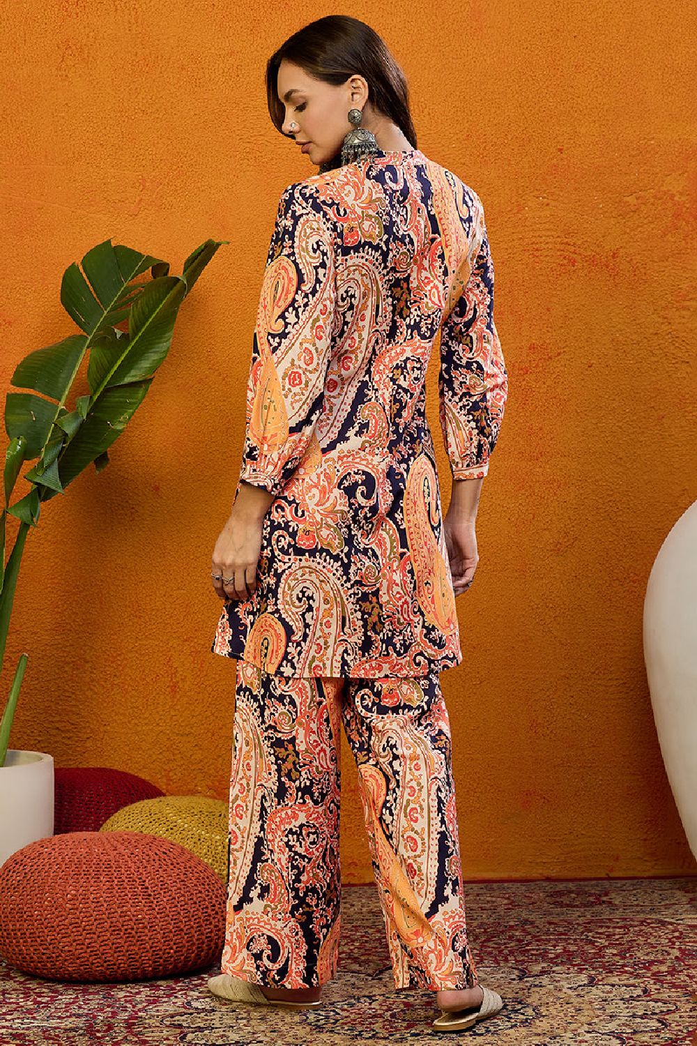 Orange Rayon Blend Paisley Printed Straight Co Ords Sets