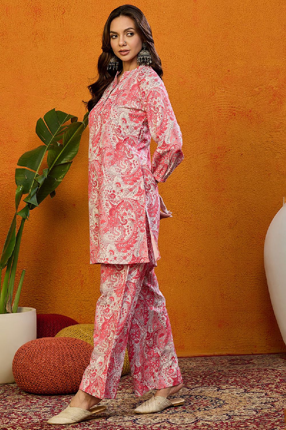 Pink Rayon Blend Paisley Printed Straight Co Ords Sets