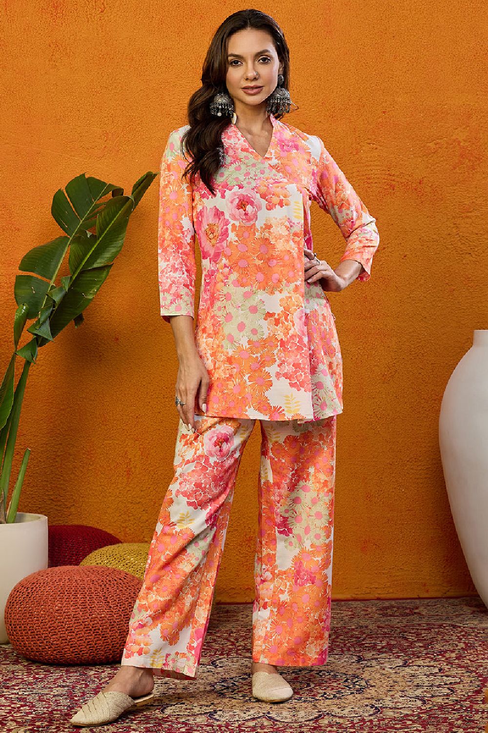 Orange Rayon Blend Floral Printed Straight Co Ords Sets