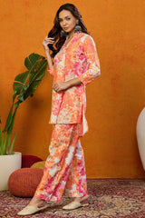 Orange Rayon Blend Floral Printed Straight Co Ords Sets