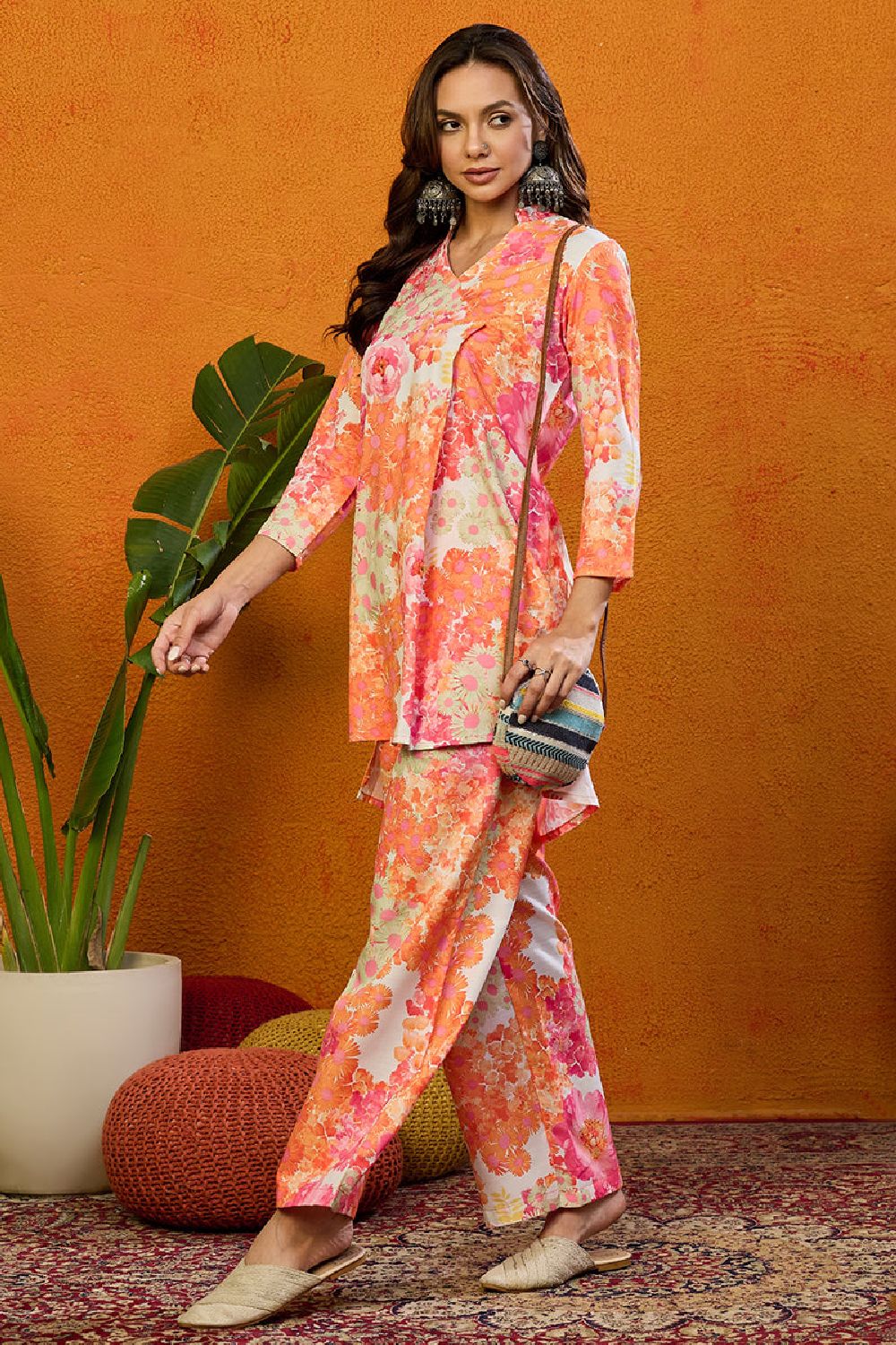 Orange Rayon Blend Floral Printed Straight Co Ords Sets