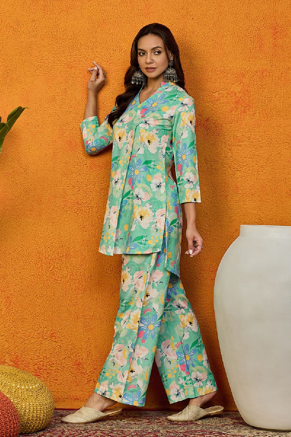 Green Rayon Blend Floral Printed Straight Co Ords Sets