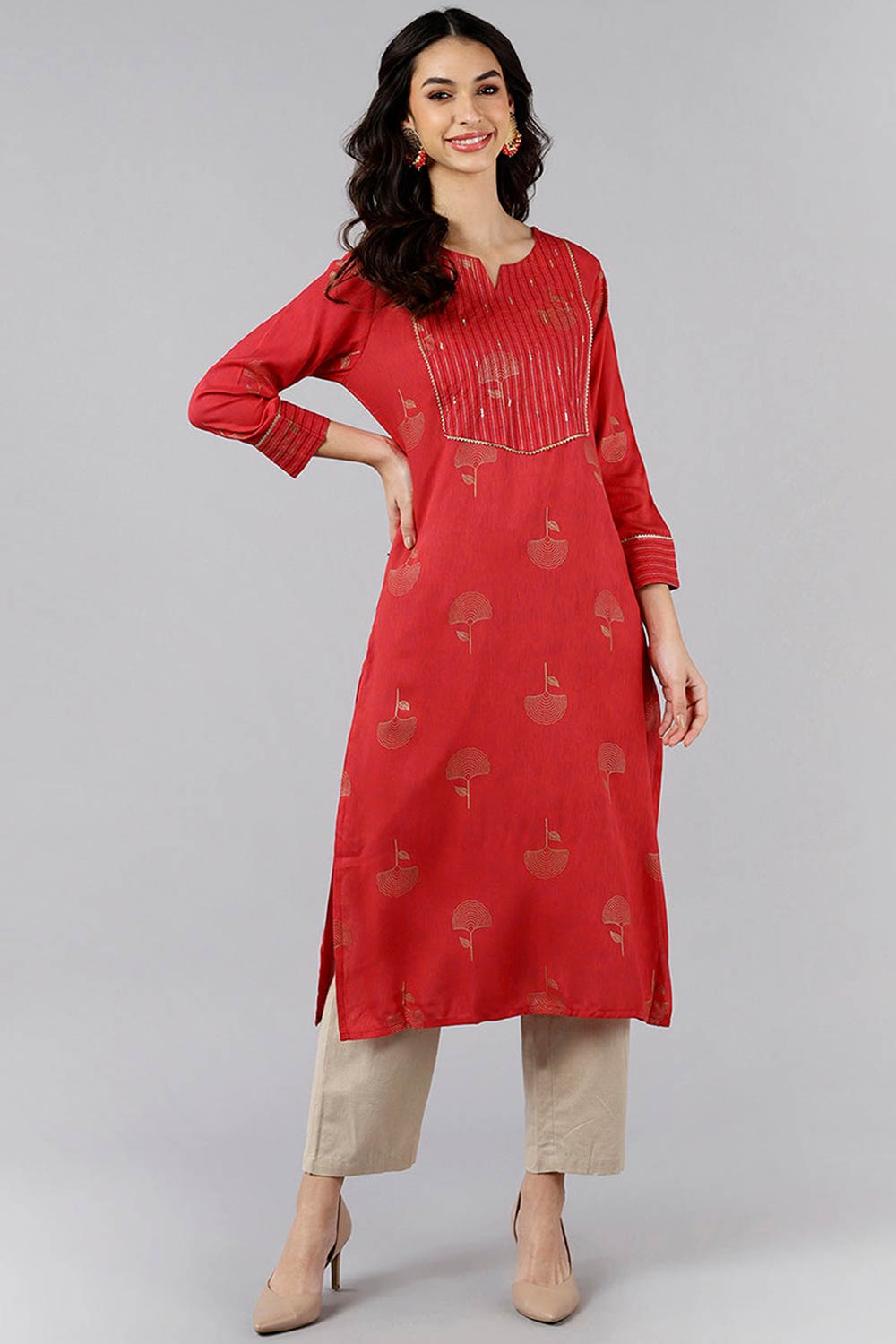 Red Cotton Round Neck KurtI Set