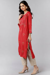 Red Cotton Round Neck KurtI Set