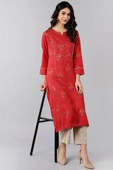 Red Cotton Round Neck KurtI Set