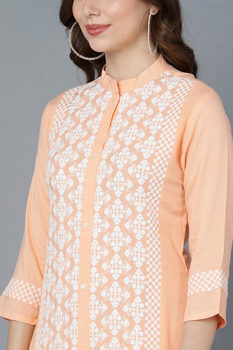 Pink Polysilk Embroidered Mandarin Collar KurtI Set