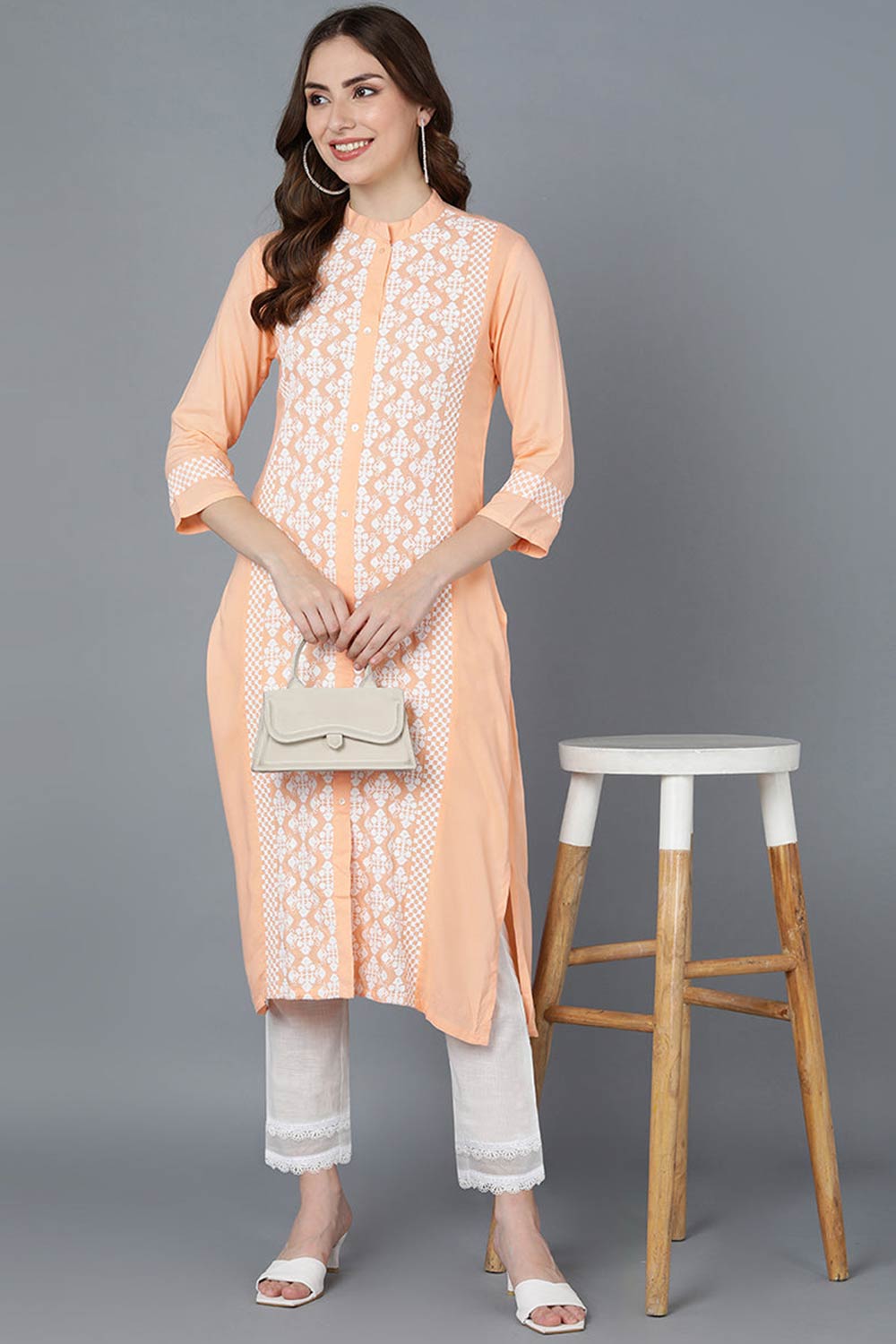 Pink Polysilk Embroidered Mandarin Collar KurtI Set