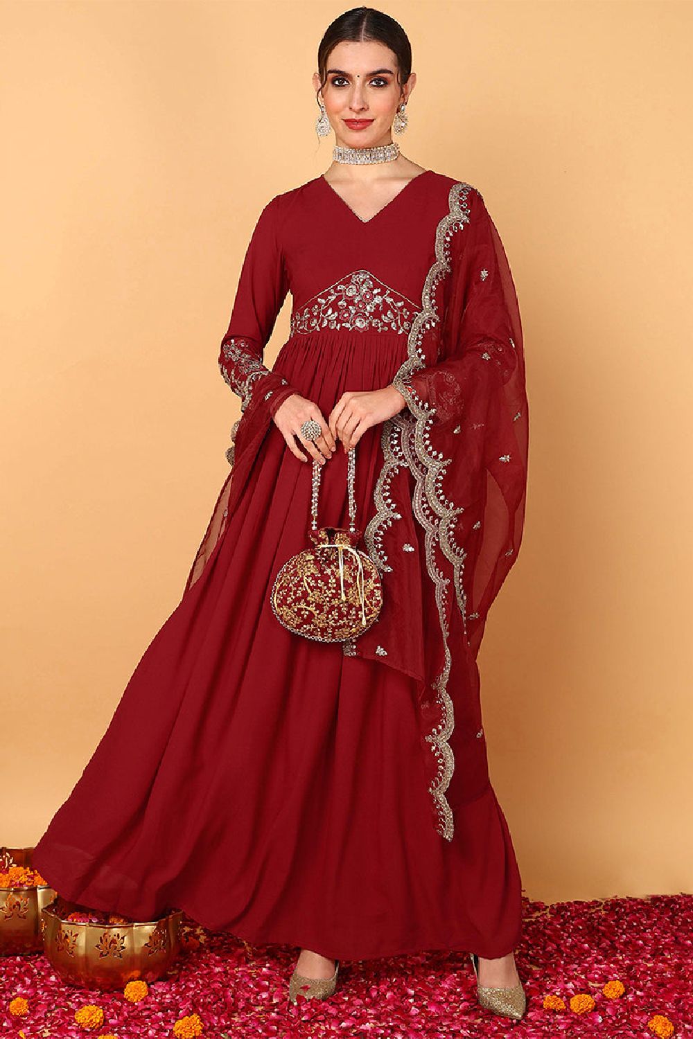 Red Georgette Embroidered Zari Work Flared Kurta Set