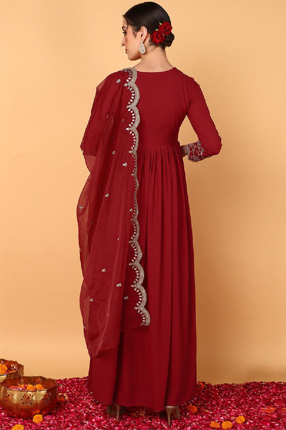 Red Georgette Embroidered Zari Work Flared Kurti Set