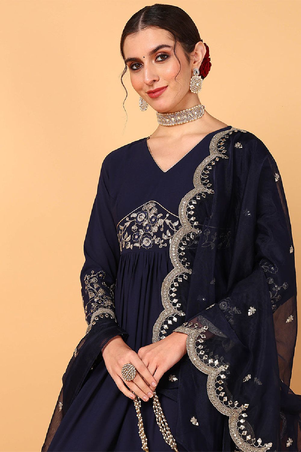 Blue Georgette Embroidered Zari Work Flared Kurta Set