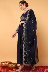 Blue Georgette Embroidered Zari Work Flared Kurta Set