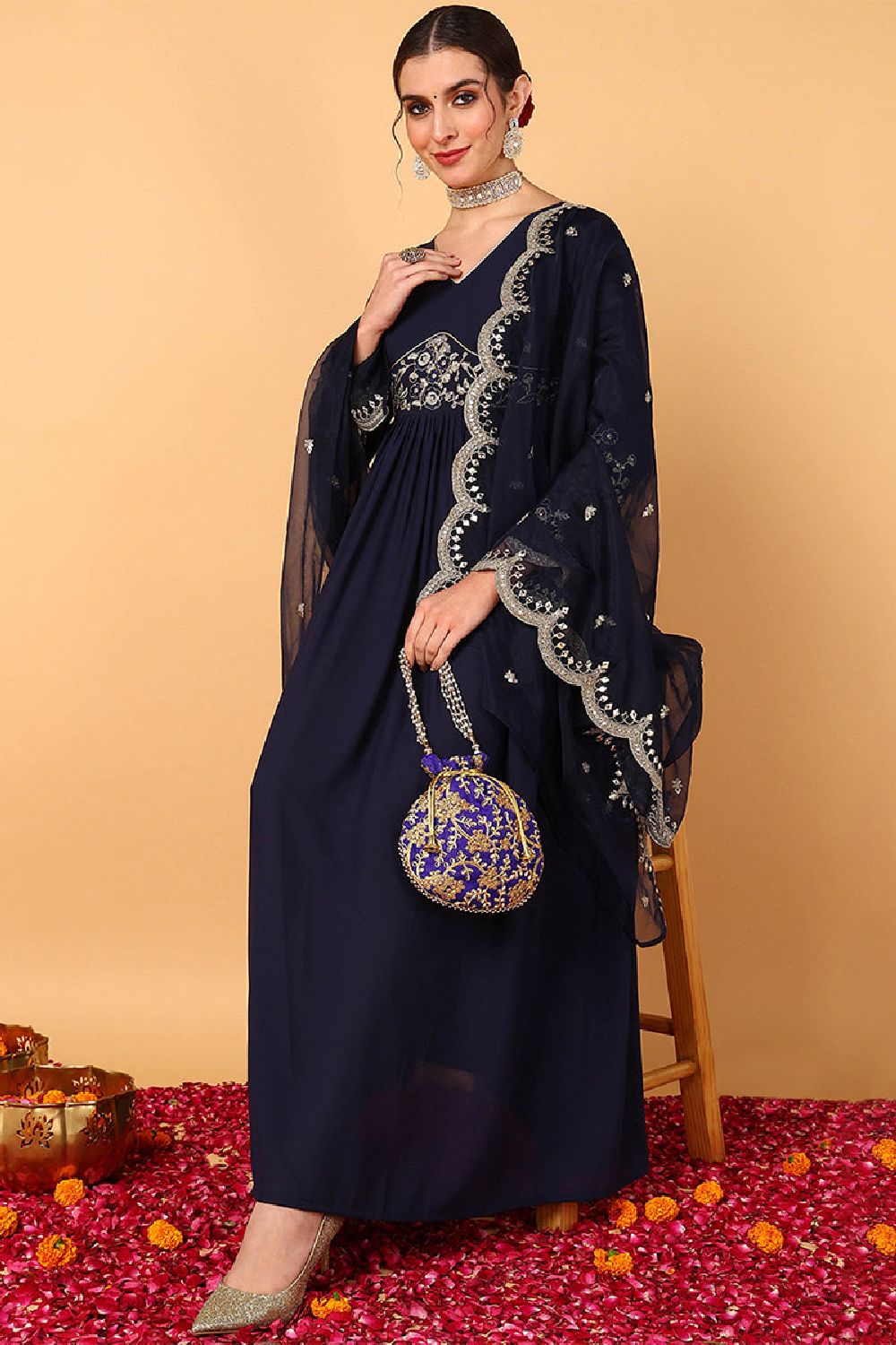 Blue Georgette Embroidered Zari Work Flared Kurti Set