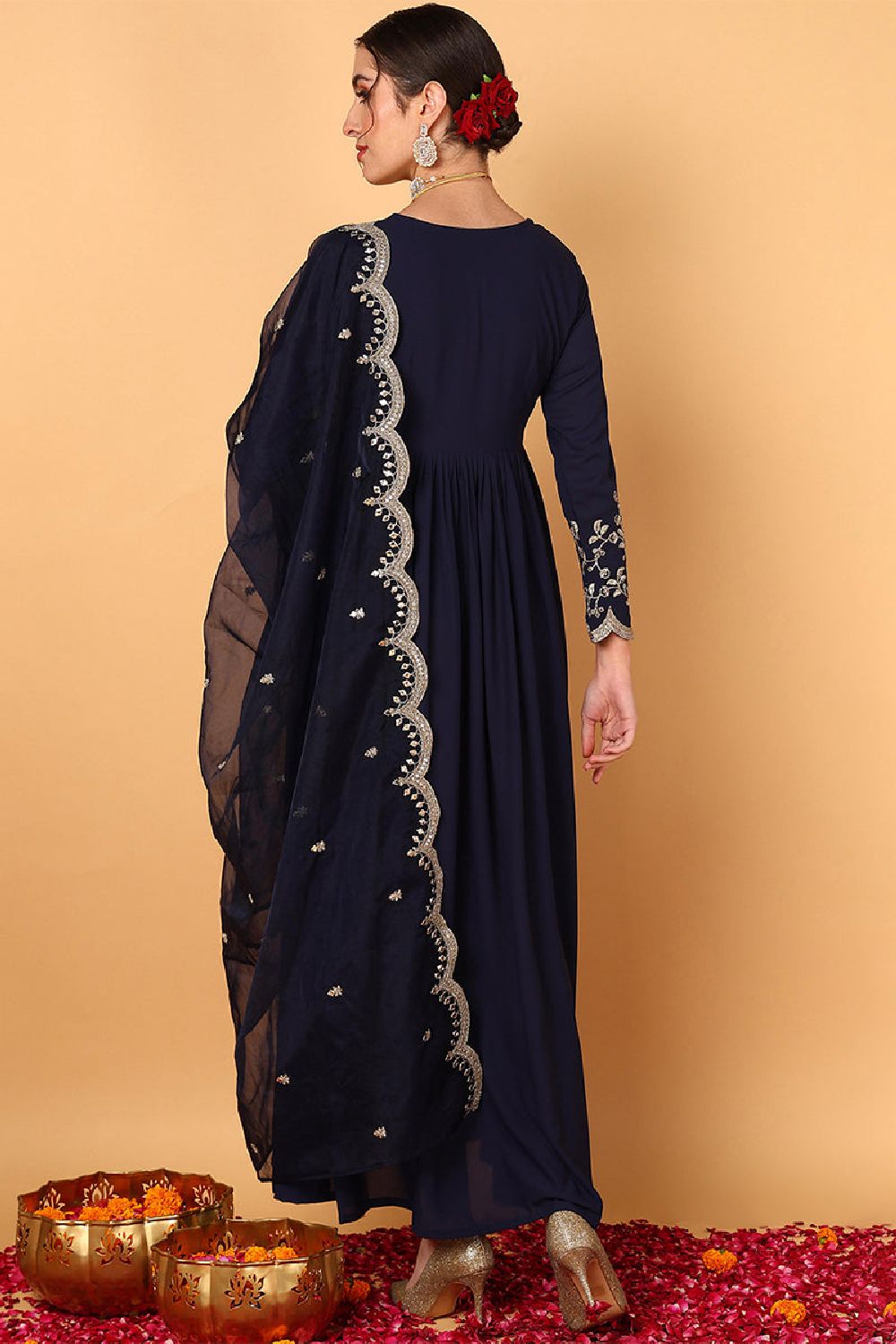 Blue Georgette Embroidered Zari Work Flared Kurti Set