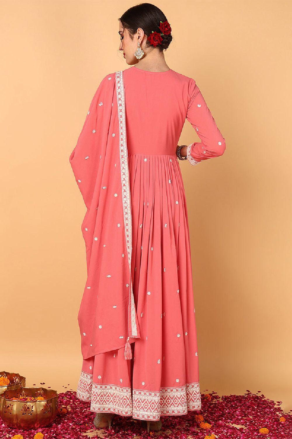 Pink Georgette Embroidered Thread Work Flared Kurti Set