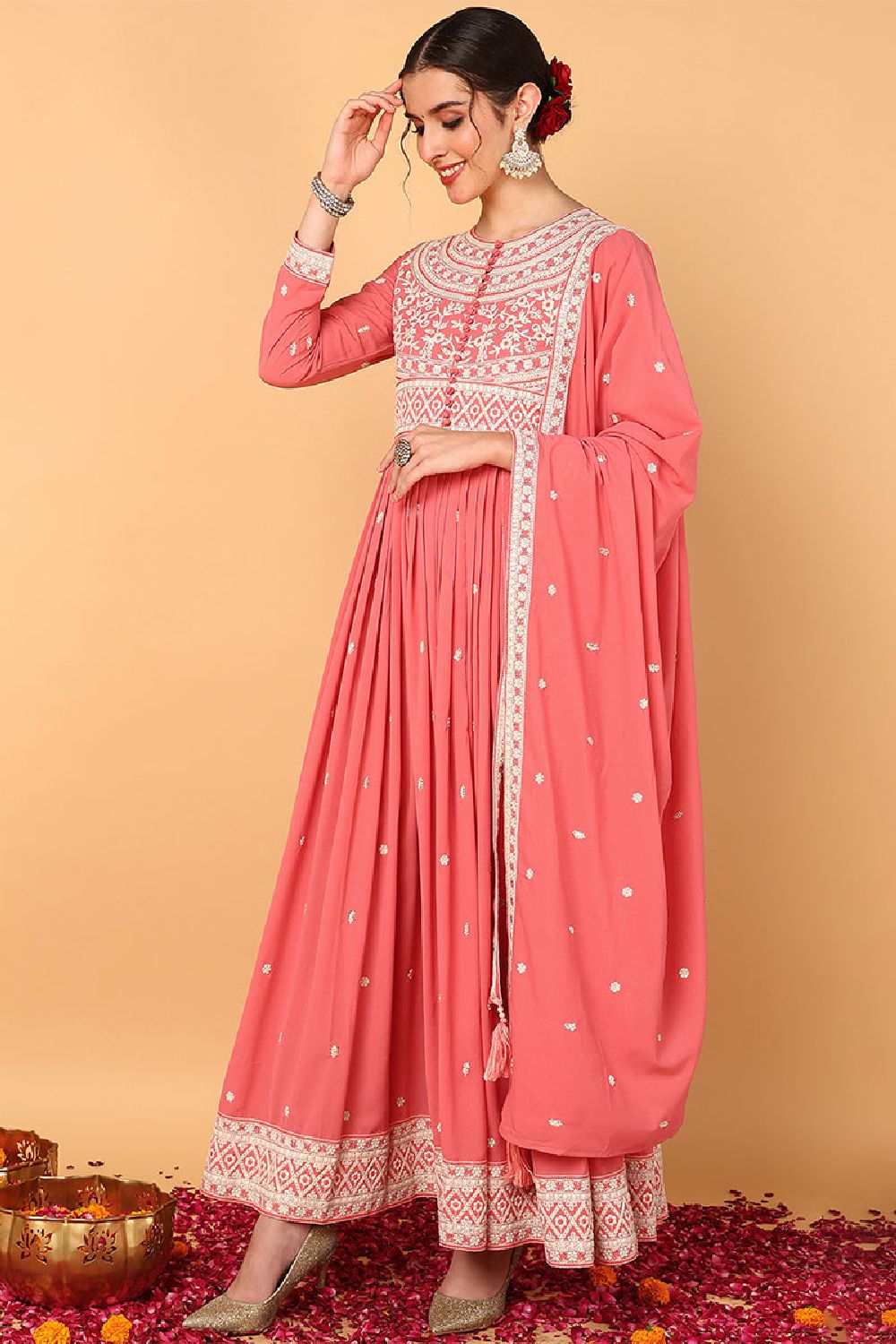 Pink Georgette Embroidered Thread Work Flared Kurta Set