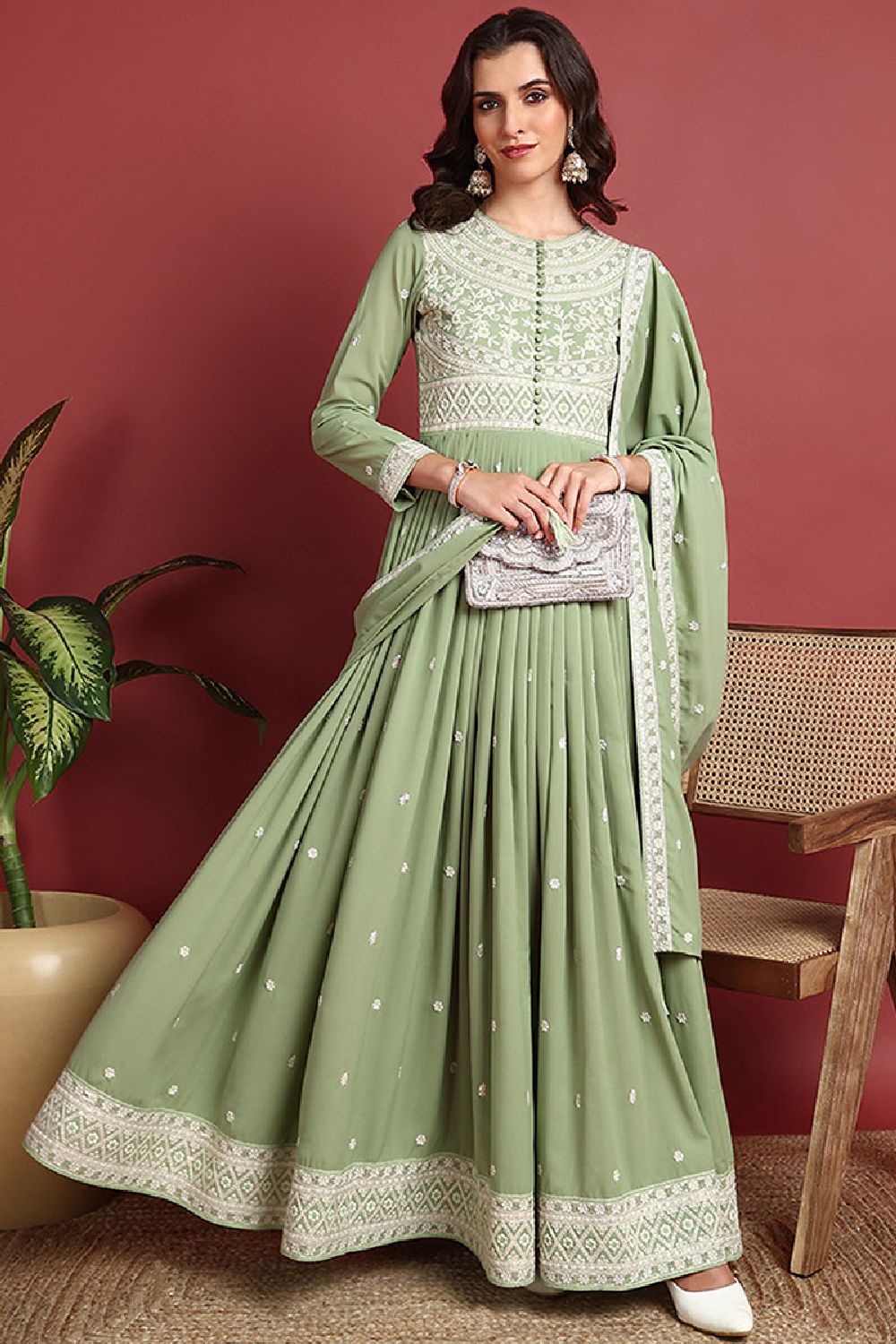 Green Georgette Embroidered Thread Work Flared Kurta Set