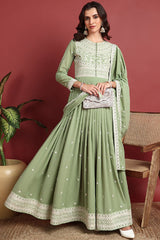 Green Georgette Embroidered Thread Work Flared Kurti Set