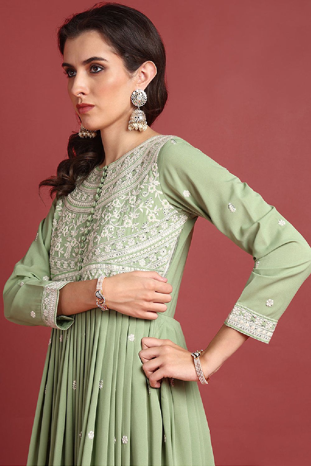 Green Georgette Embroidered Thread Work Flared Kurti Set