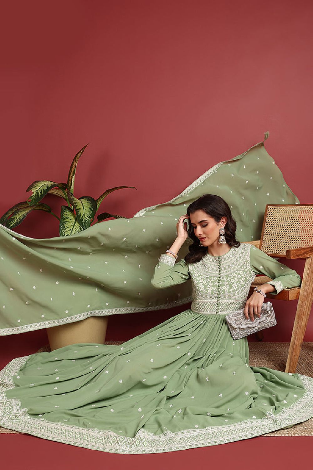 Green Georgette Embroidered Thread Work Flared Kurta Set