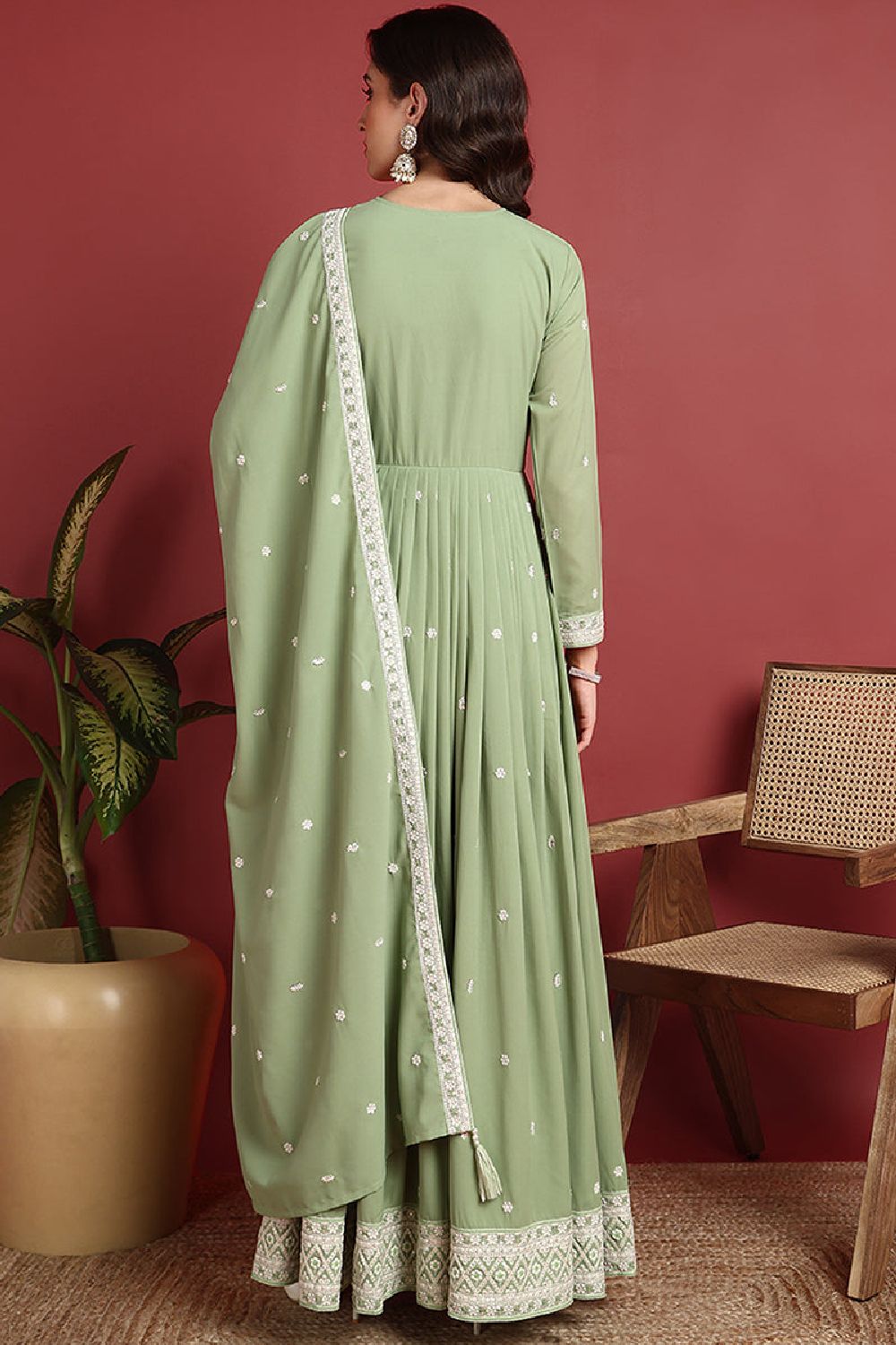 Green Georgette Embroidered Thread Work Flared Kurta Set