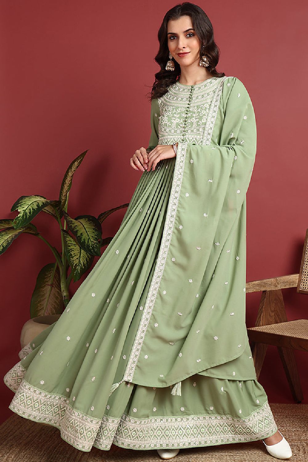 Green Georgette Embroidered Thread Work Flared Kurta Set