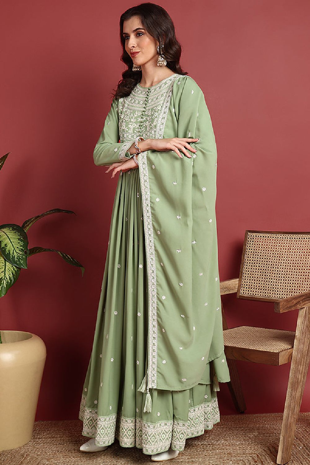 Green Georgette Embroidered Thread Work Flared Kurta Set