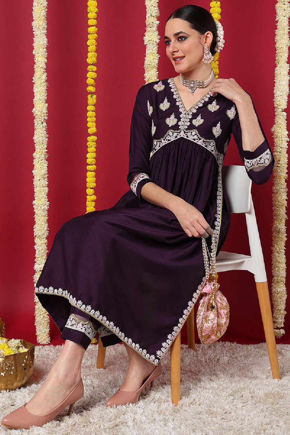 Purple Silk Blend Solid Embroidered Flared Kurta Set