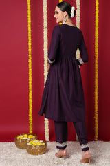 Purple Silk Blend Solid Embroidered Flared Kurta Set