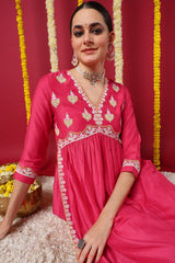 Pink Silk Blend Solid Embroidered Flared Kurta Set