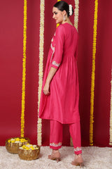 Pink Silk Blend Solid Embroidered Flared Kurta Set