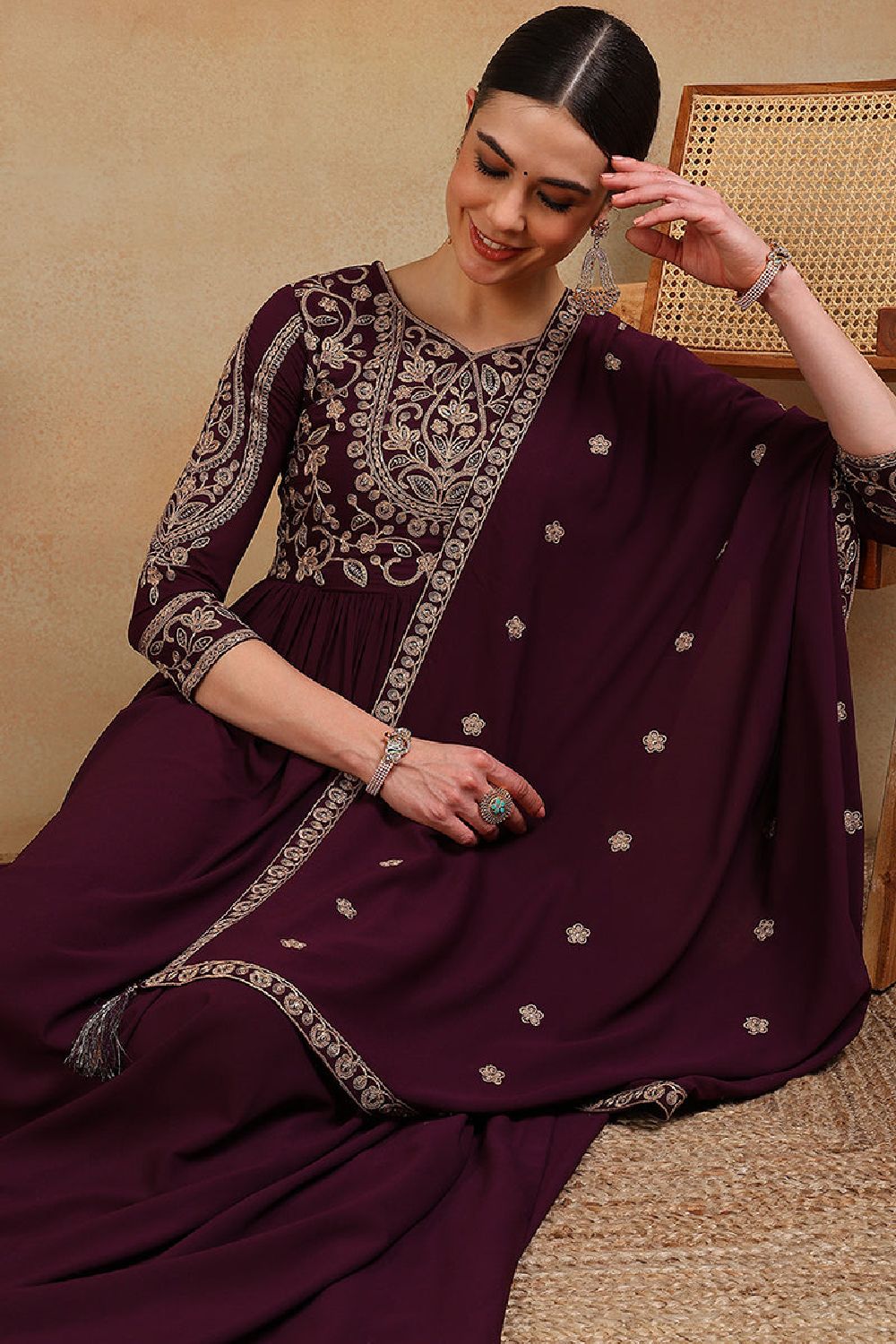 Maroon Poly Georgette Embroidered Anarkali Kurta Set