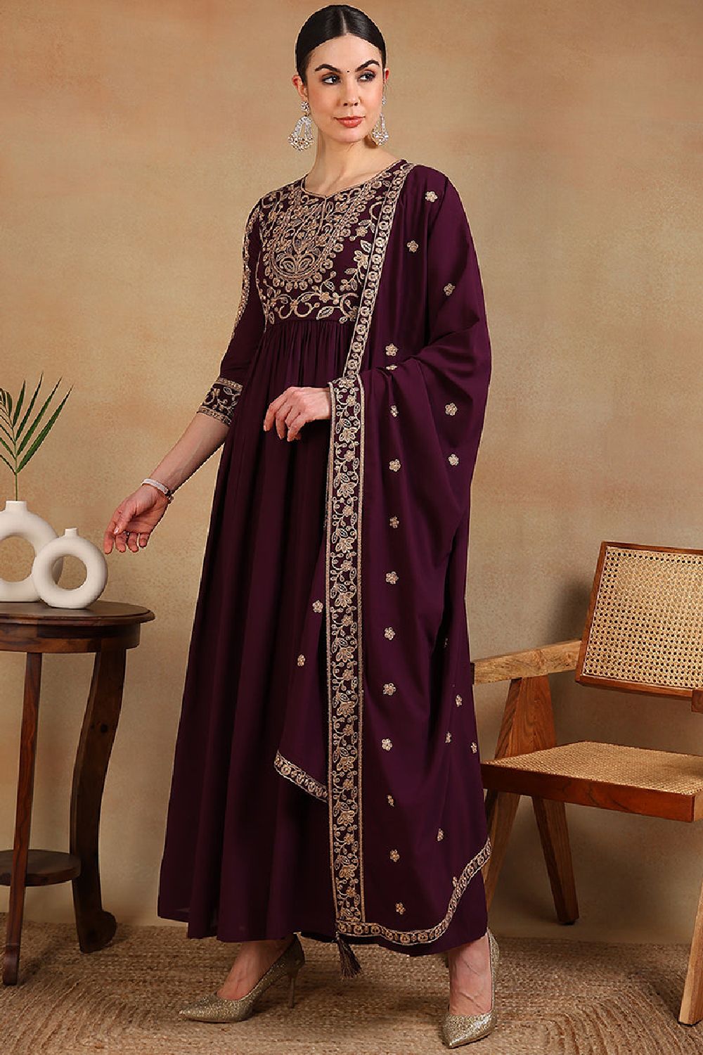 Maroon Poly Georgette Embroidered Anarkali Kurta Set