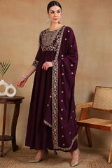 Maroon Poly Georgette Embroidered Anarkali Kurta Set