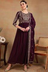 Maroon Poly Georgette Embroidered Anarkali Kurta Set