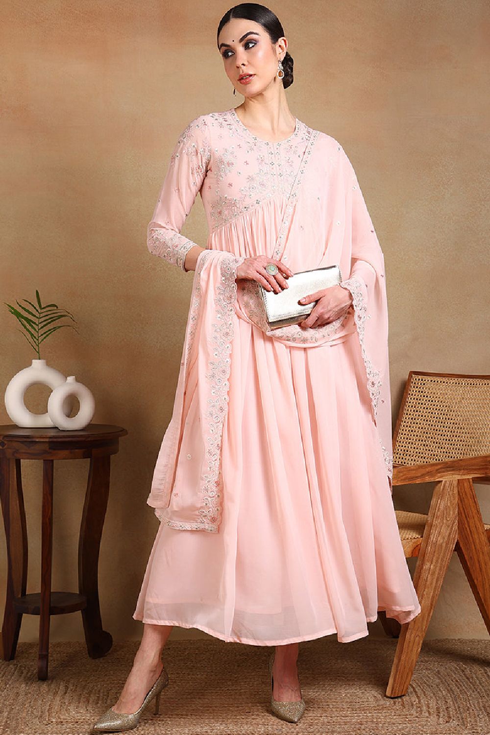 Peach Georgette Embroidered Anarkali Kurta Set