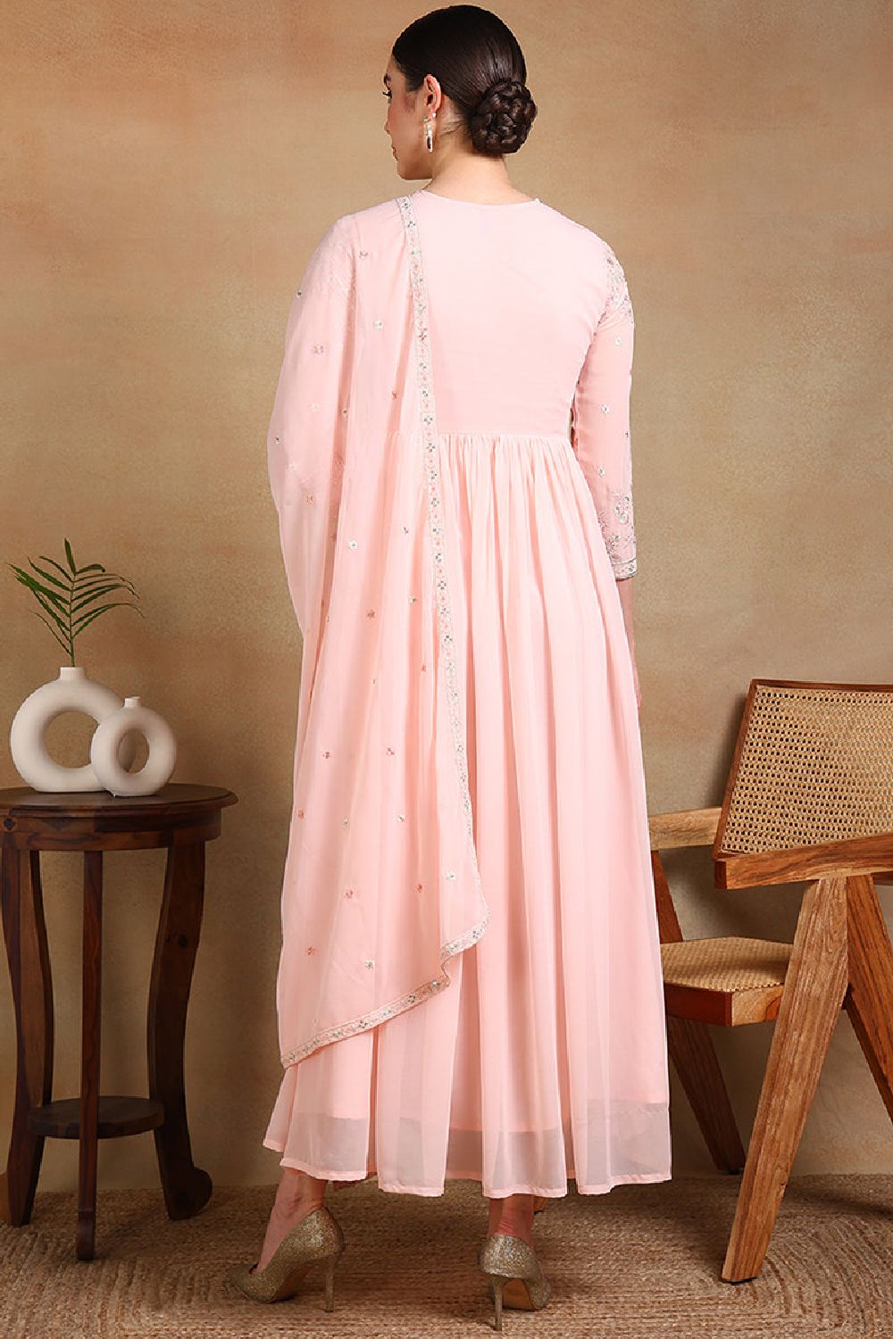 Peach Georgette Embroidered Anarkali Kurta Set