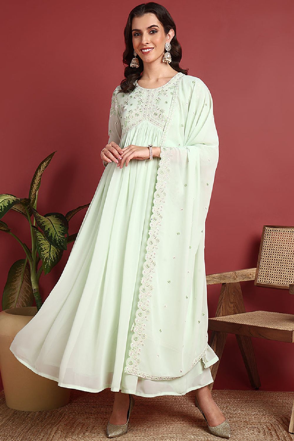 Green Georgette Solid Embroidered Gown Style Kurta Set