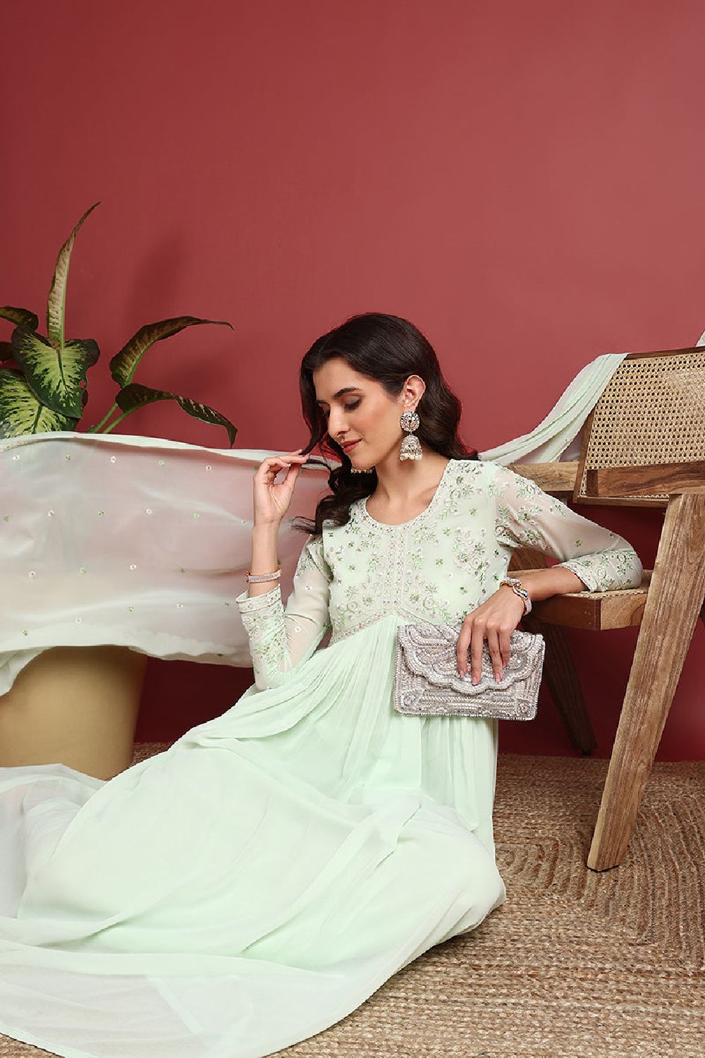 Green Georgette Solid Embroidered Gown Style Kurta Set