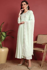 Green Georgette Solid Embroidered Gown Style Kurta Set