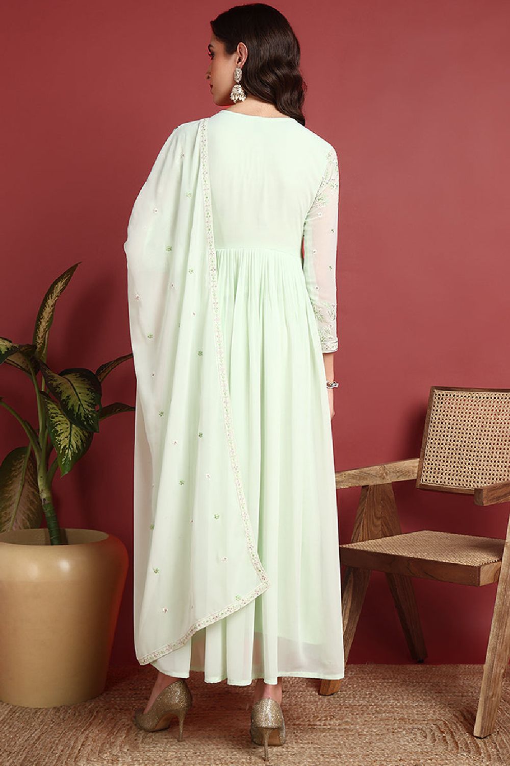 Green Georgette Solid Embroidered Gown Style Kurta Set