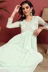 Green Georgette Solid Embroidered Gown Style Kurta Set