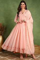 Peach Georgette Embroidered Sequins Anarkali Gown With Dupatta