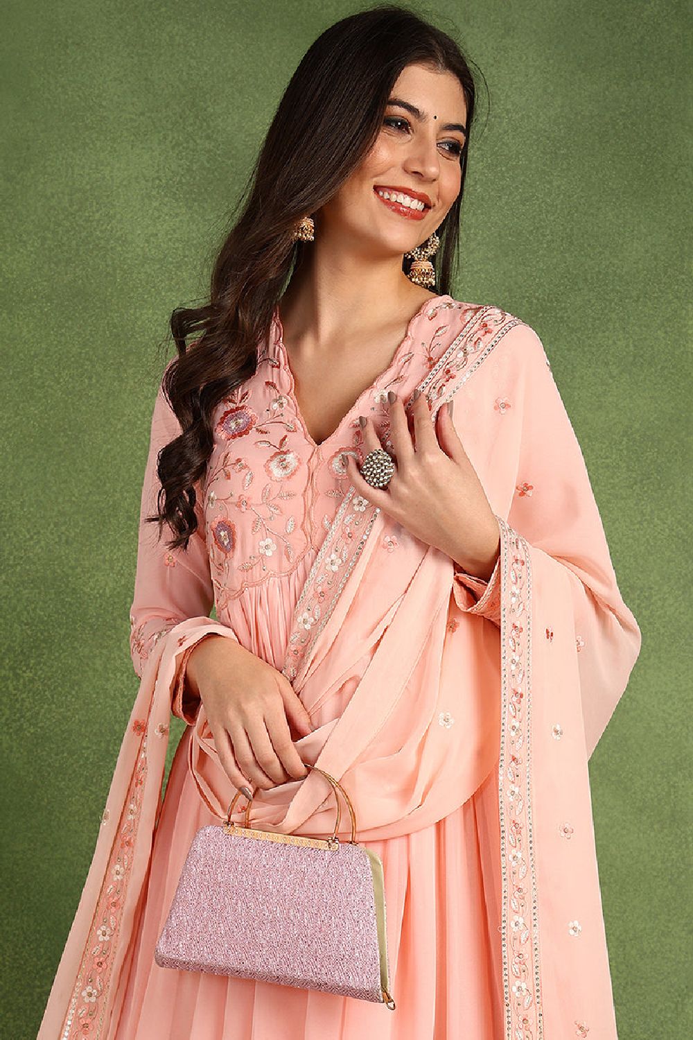 Peach Georgette Embroidered Sequins Anarkali Gown With Dupatta