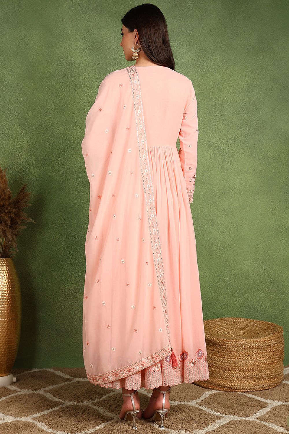 Peach Georgette Embroidered Sequins Anarkali Gown With Dupatta