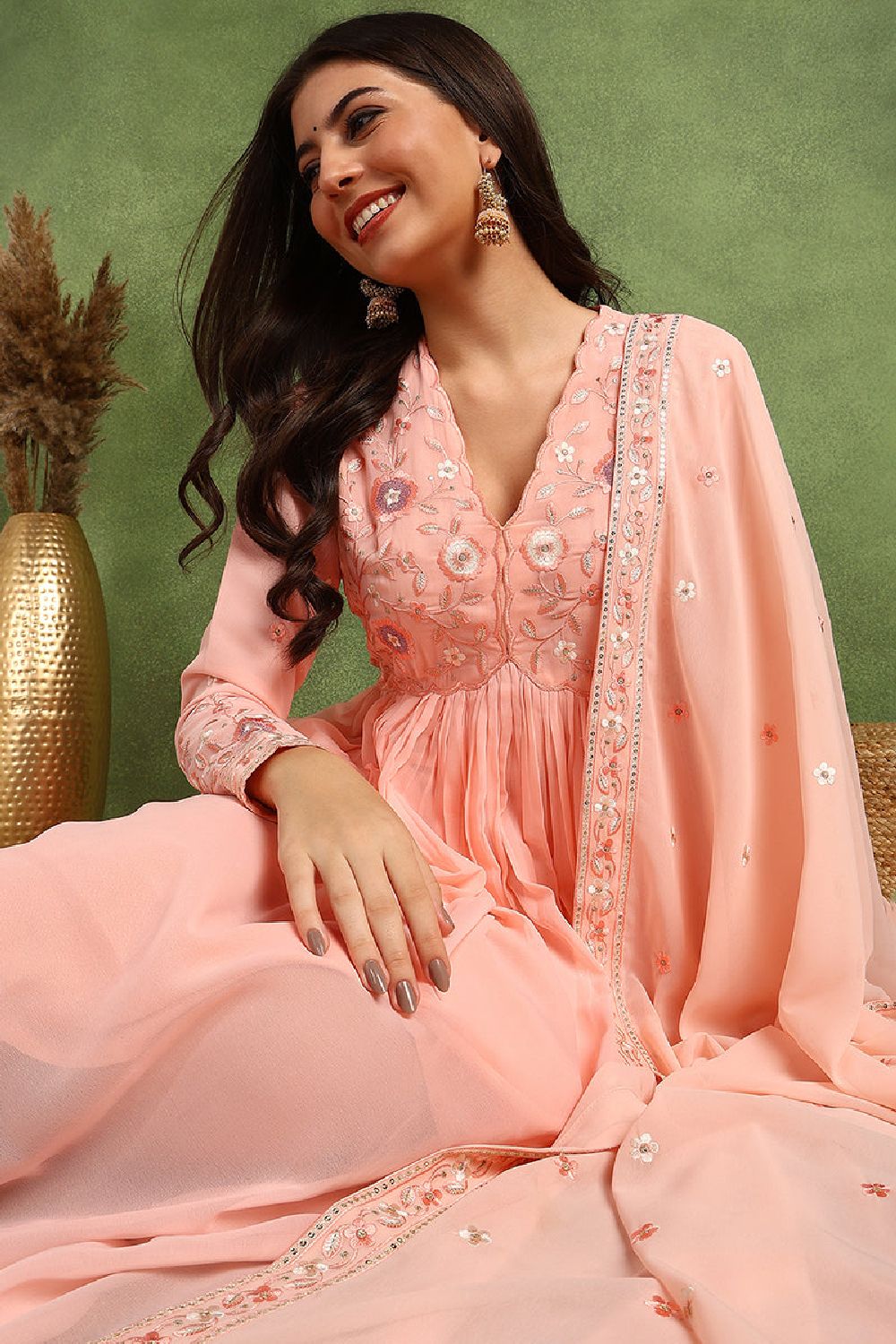 Peach Georgette Embroidered Sequins Anarkali Gown With Dupatta