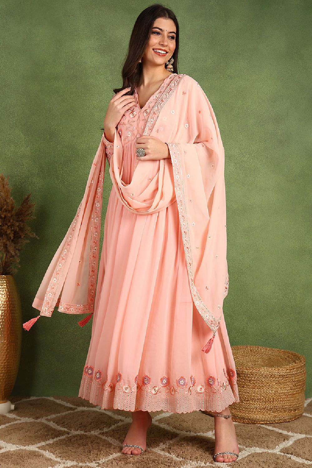 Peach Georgette Embroidered Sequins Anarkali Gown With Dupatta