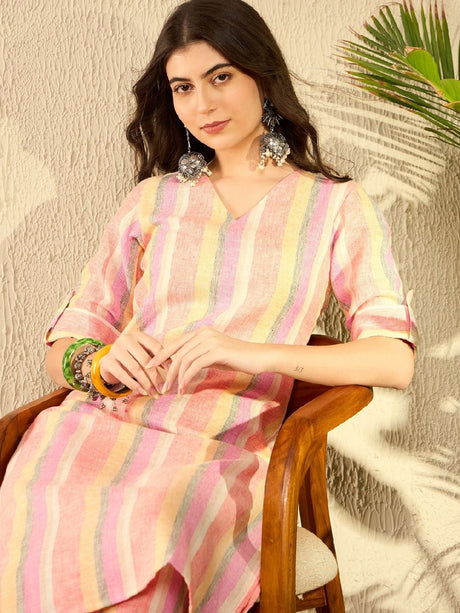 Multi Pure Cotton Striped Printed Straight Kurta With Trouser